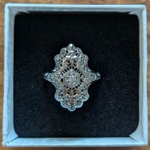 Art Deco Inspired Diamond Filigree Cocktail Ring in 14k White Gold Size 4